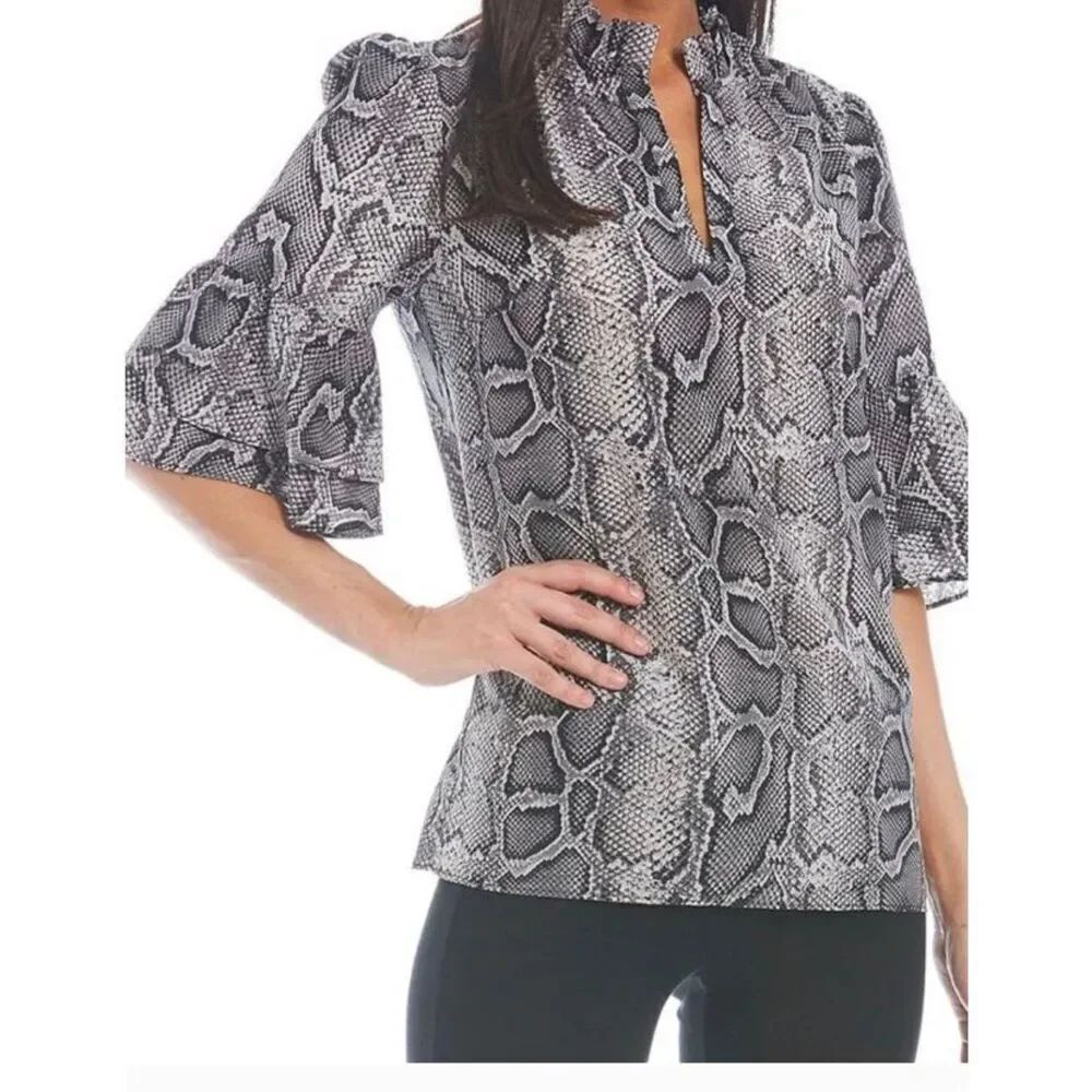 Michael Kors, women’s snake, print, ruffle, trim, V-neck top small